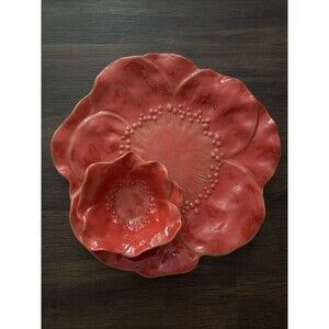 M Studios Red Gold Poppy Flower 16” Ceramic Pottery Plate Granny Cottagecore Y2K
